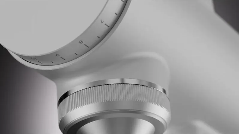 Arctic White grind dial and chute close-up