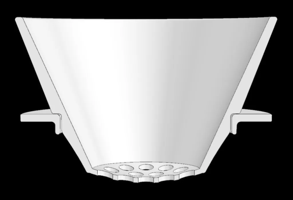 Cut-away render of the ARC Dripper showing smooth sloped walls, a flange and a slightly curved base with drain holes