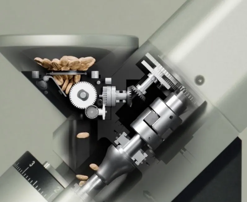 Cutaway of the EG-1 Bean Feeder metering beans into the burrs