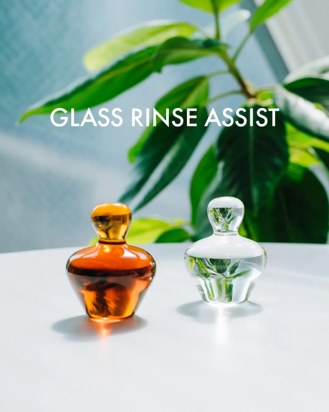 Hario title card reading GLASS RINSE ASSIST above the amber and clear weights