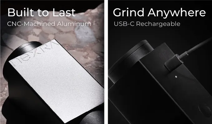 Close-ups of the Nexra NM1's CNC-machined aluminum housing and USB-C charging port