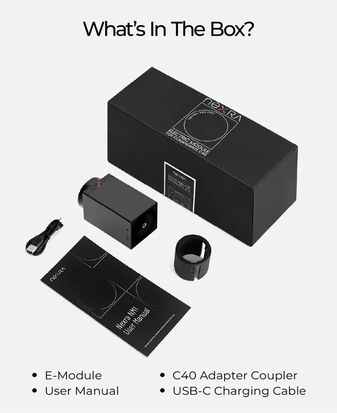 Nexra NM1 box contents: module, C40 adapter coupler, user manual and USB-C cable