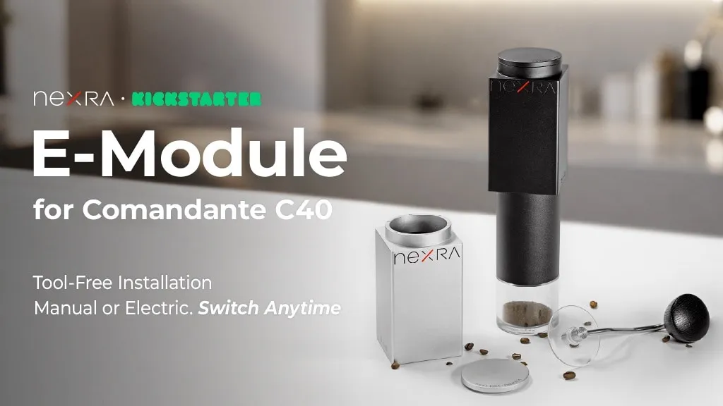 Nexra NM1 module fitted on top of a Comandante C40 hand grinder in a kitchen