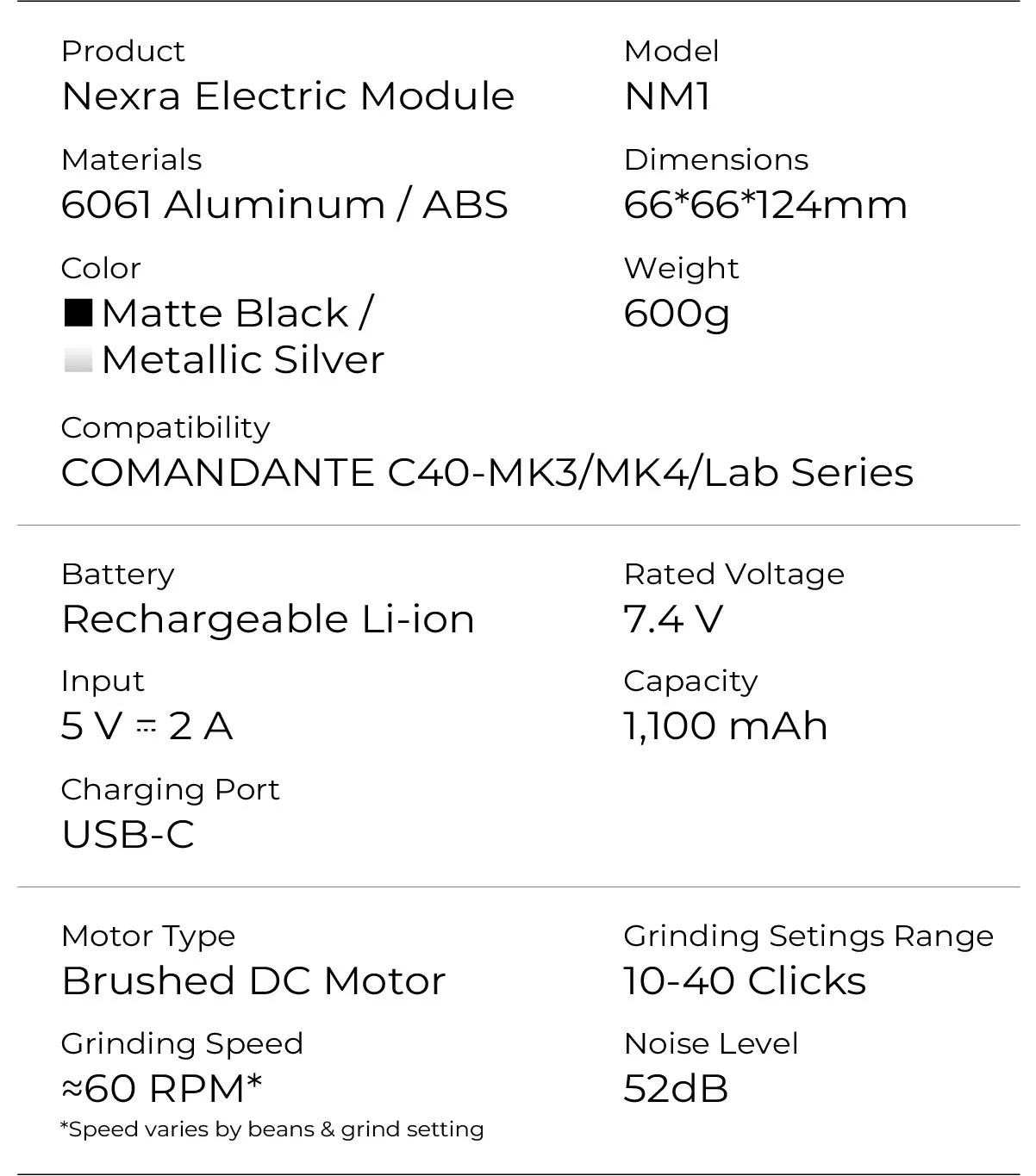 Nexra NM1 specification sheet