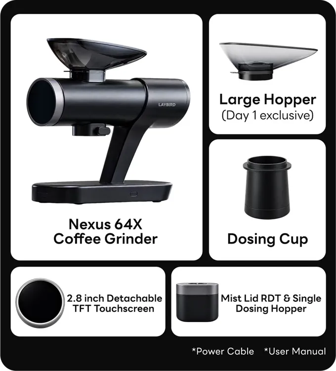 Nexus 64X box contents: grinder, large hopper, dosing cup, detachable touchscreen, and Mist Lid with single-dose hopper
